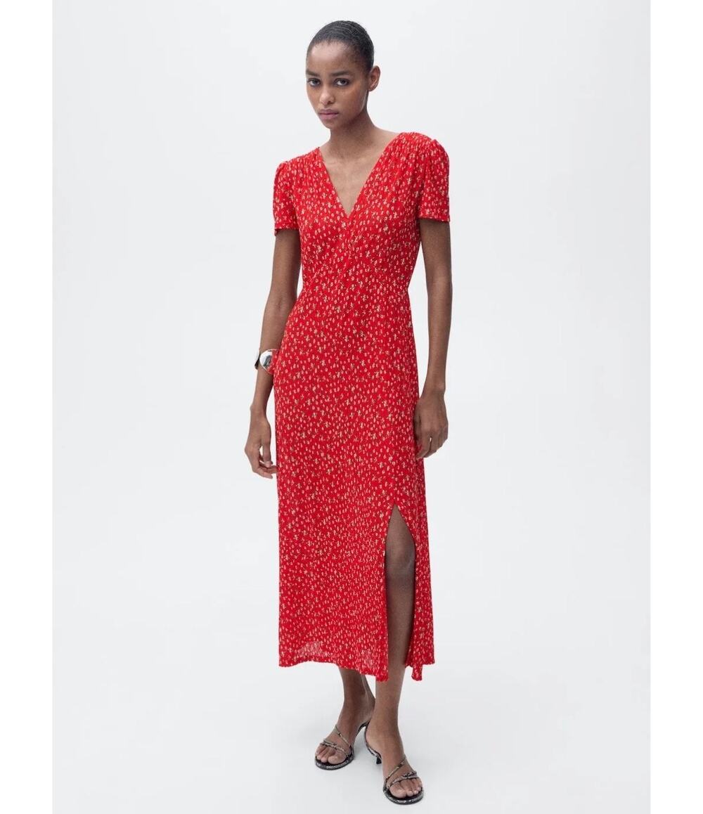 Mango MNG Red Floral Printed Short Sleeve Midi Dress Womens US 6 Medium NEW NWT